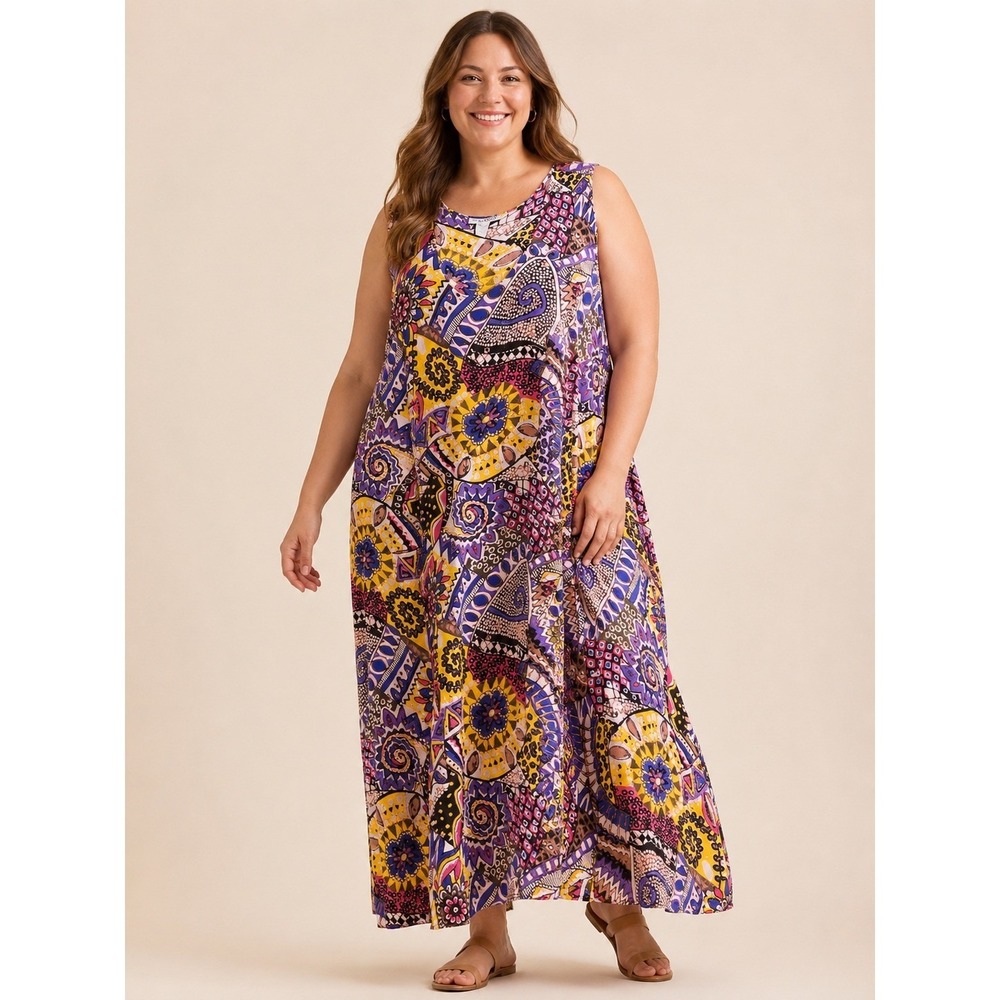Roamans Womens Boho Paisley Print Sleeveless Maxi Dress Multi 3X Summer Vacation
